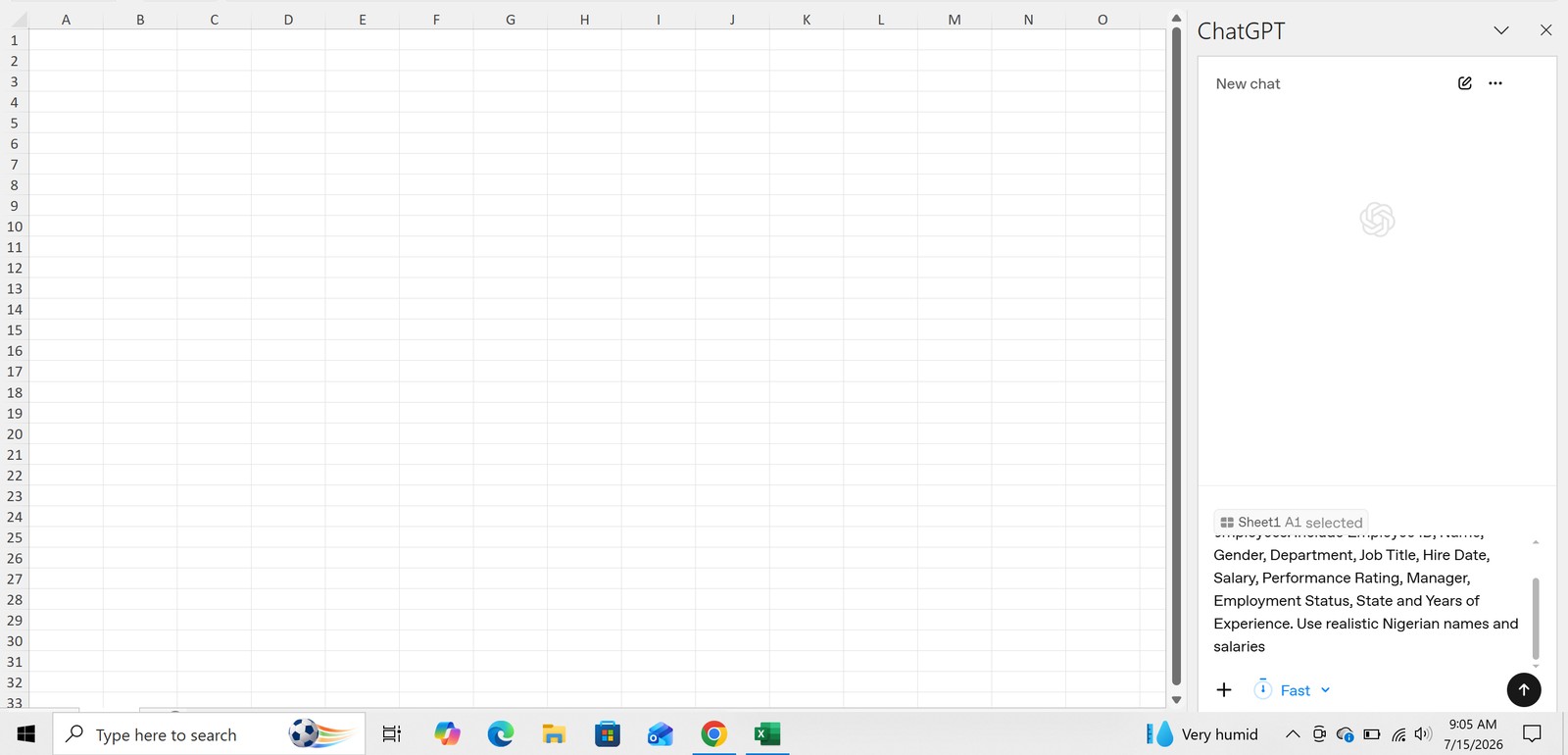 HR dataset prompt in ChatGPT for Excel