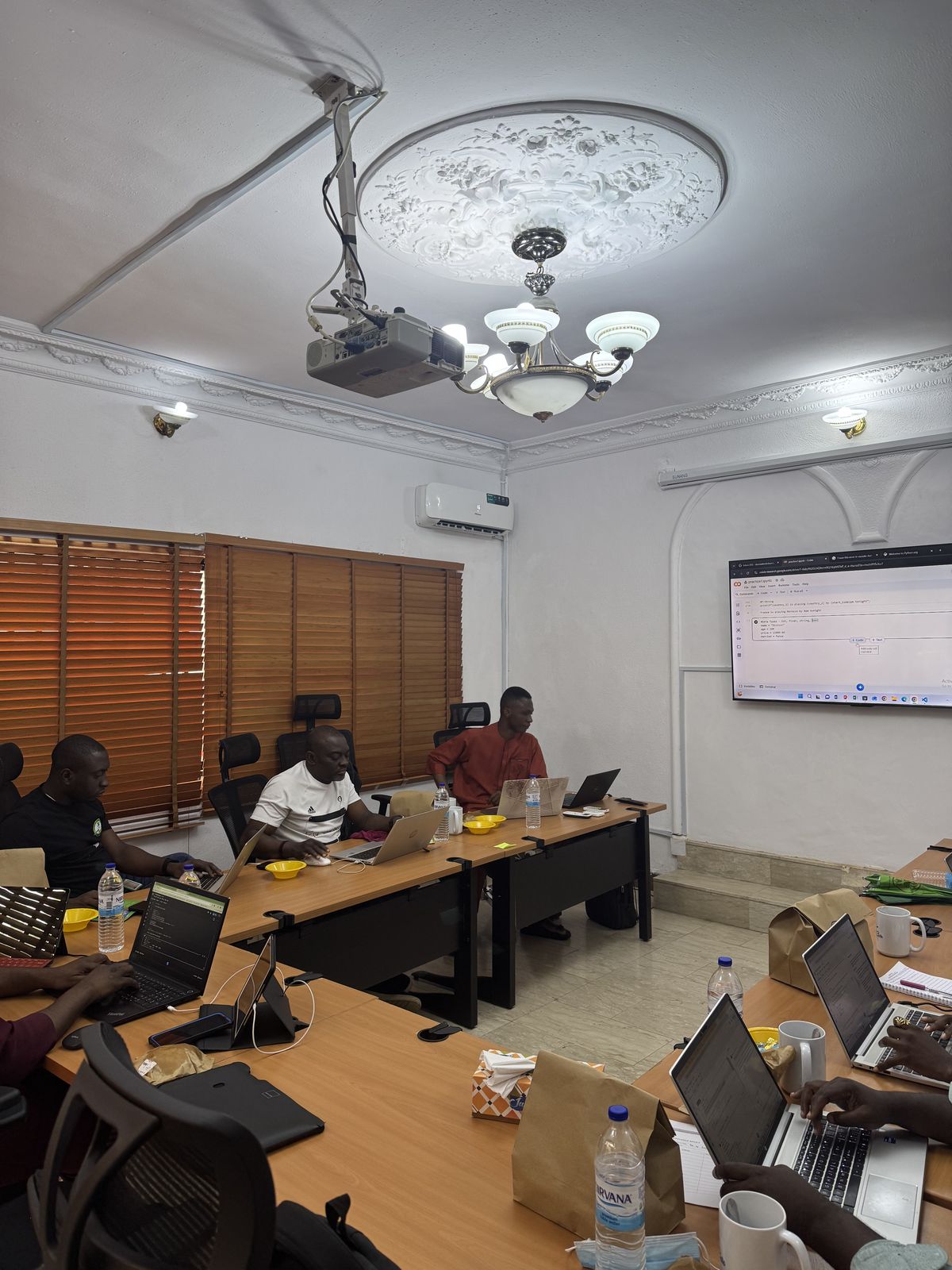 Training room with screen and participants learning