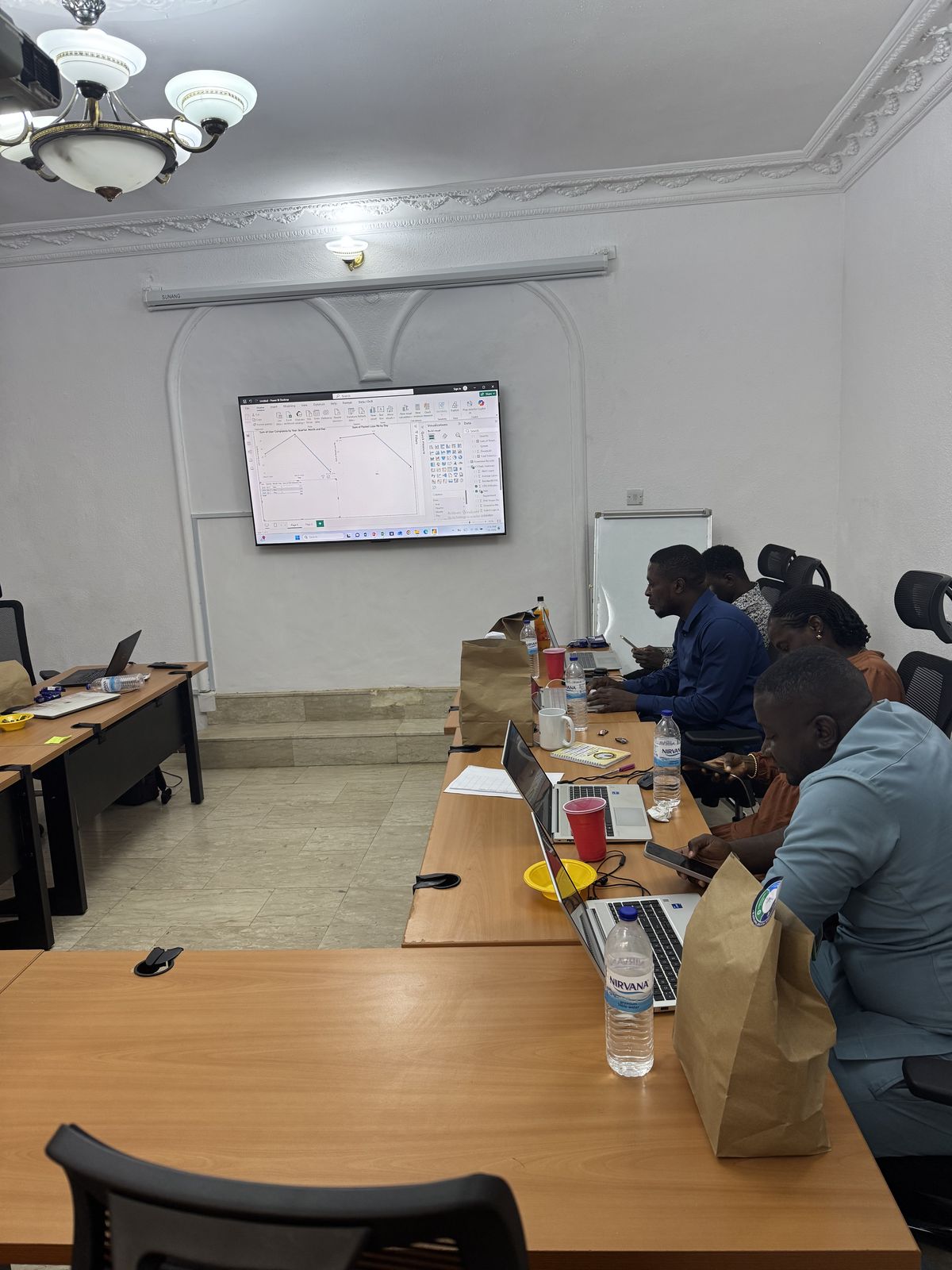 Professionals practising Power BI and Python on laptops